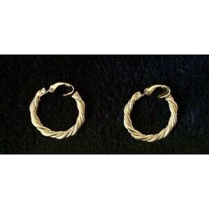 Signed Crown Trifari Textured Twisted Braided Hoop Goldtone Clip On Earrings